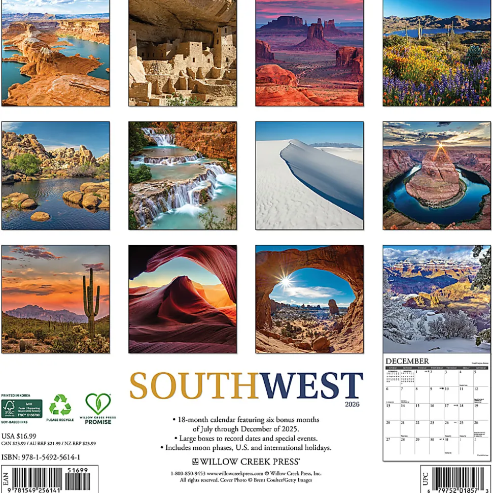 2026 Willow Creek Press Scenic Monthly Wall Calendar, 12" x 12", Southwest, January To December, 56141