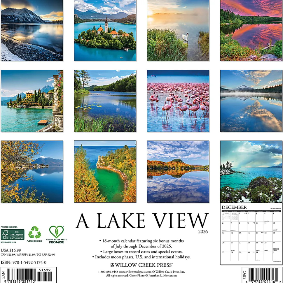 2026 Willow Creek Press Scenic Monthly Wall Calendar, 12" x 12", Lake View, January To December, 51740
