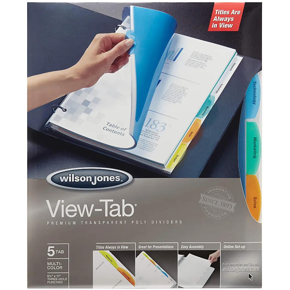 Wilson Jones® View-Tab® Transparent Dividers, 5-Tab, Square, Multicolor, Pack Of 5 Sets