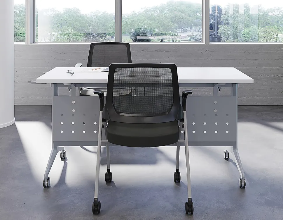 WorkPro® AnyPlace Mesh/Fabric Folding Nesting Chairs, Black, Pack Of 2 Chairs, BIFMA Compliant