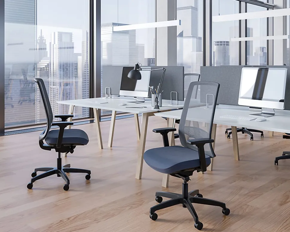 WorkPro® Expanse Series Multifunction Ergonomic Mesh/Fabric High-Back Executive Chair, Black/Blue, BIFMA Compliant