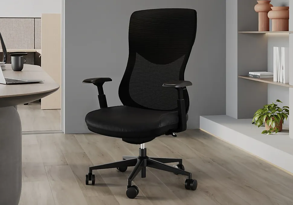 WorkPro® Fortimo Ergonomic Mesh/Vegan Leather High-Back Executive Chair, Black/Black, BIFMA Compliant