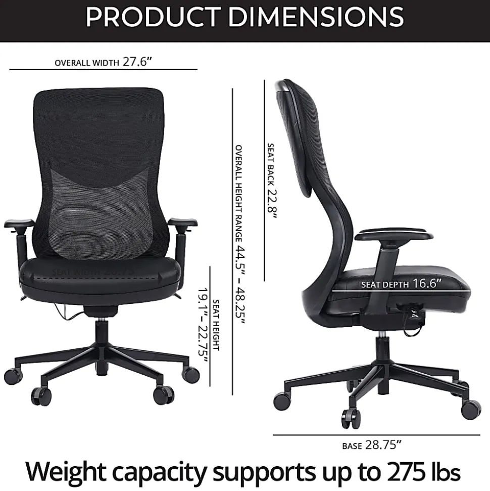 WorkPro® Fortimo Ergonomic Mesh/Vegan Leather High-Back Executive Chair, Black/Black, BIFMA Compliant