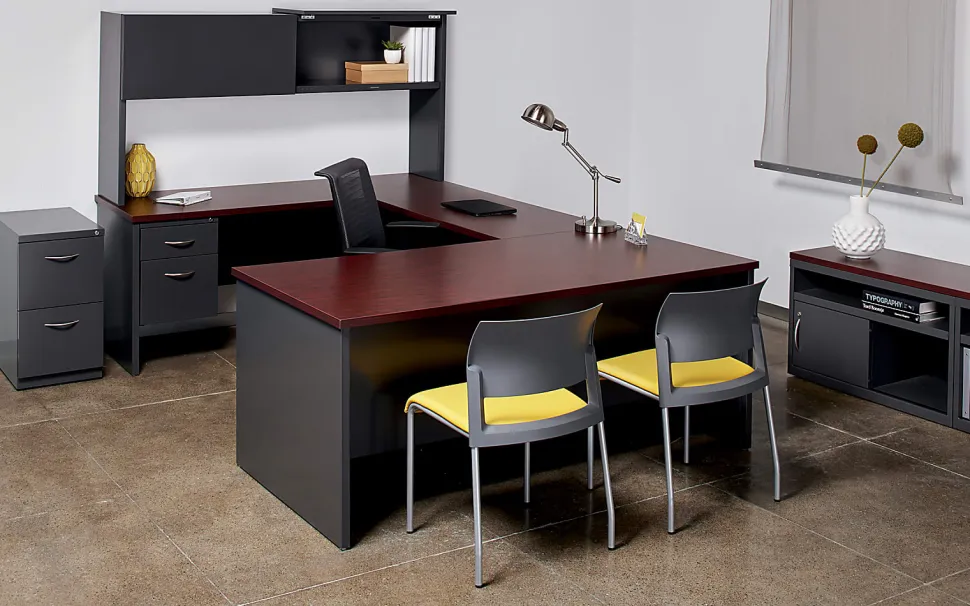 WorkPro® Modular 48”W Right-Pedestal Computer Desk, Charcoal/Mahogany
