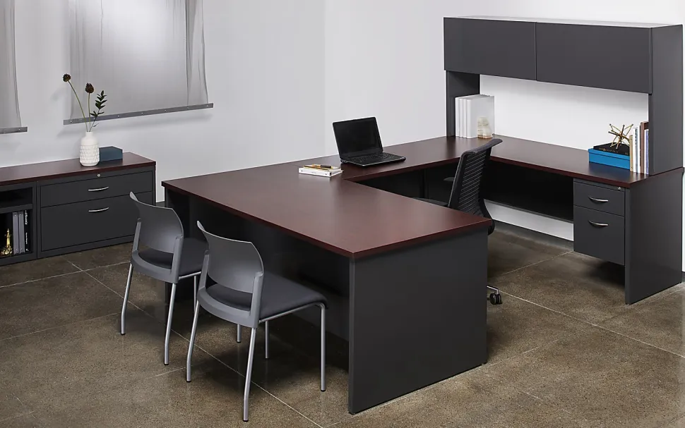 WorkPro® Modular 48”W Right-Pedestal Computer Desk, Charcoal/Mahogany