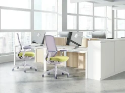 WorkPro® 6000 Series Multifunction Ergonomic Mesh/Fabric High-Back Executive Chair, White Frame/Light Blue Seat, BIFMA Compliant