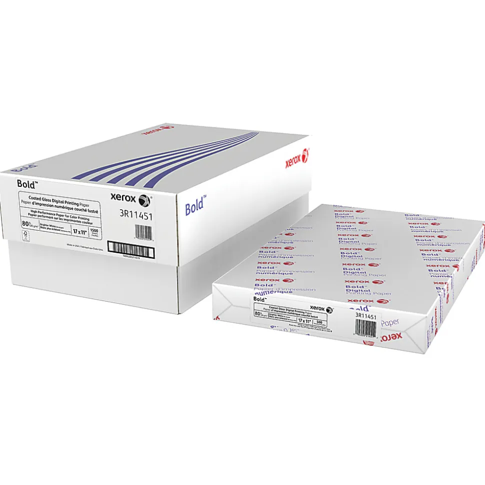 Xerox® Bold Digital™ Coated Gloss Printing Paper, Ledger (11" x 17"), 94 Brightness, 80 Lb, FSC® Certified, White, 500 Sheets Per Ream, 3 Reams