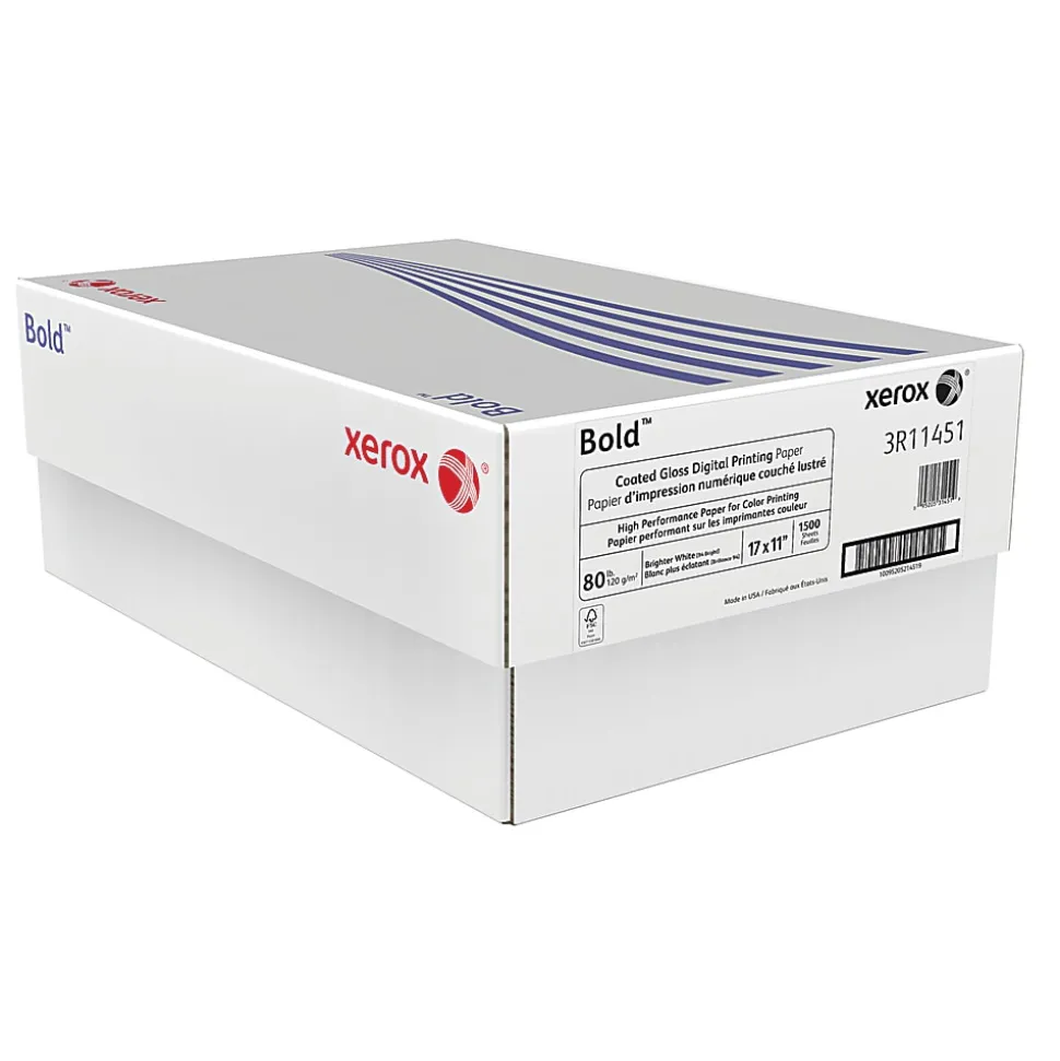 Xerox® Bold Digital™ Coated Gloss Printing Paper, Ledger (11" x 17"), 94 Brightness, 80 Lb, FSC® Certified, White, 500 Sheets Per Ream, 3 Reams
