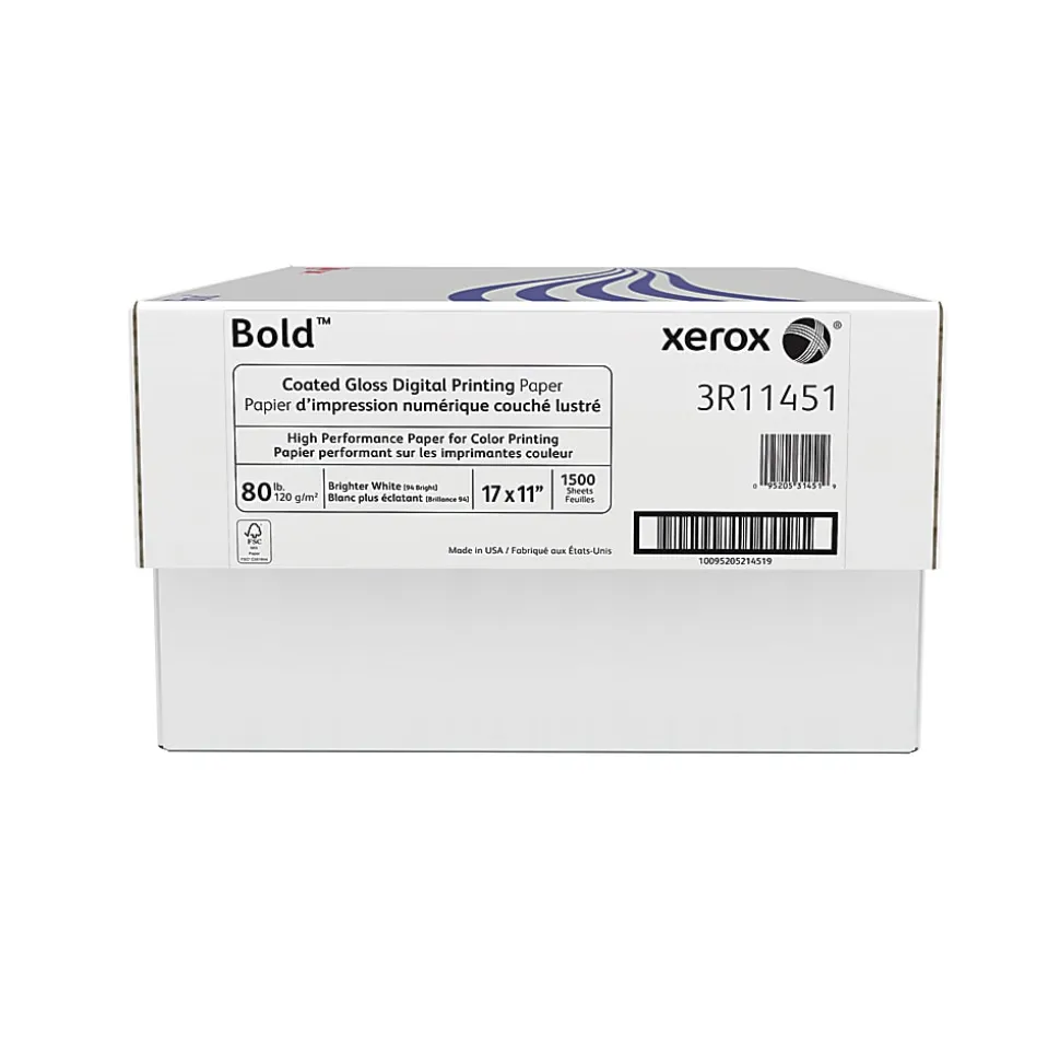 Xerox® Bold Digital™ Coated Gloss Printing Paper, Ledger (11" x 17"), 94 Brightness, 80 Lb, FSC® Certified, White, 500 Sheets Per Ream, 3 Reams