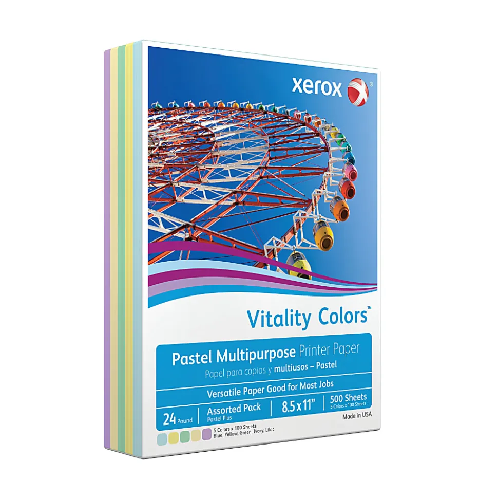 Xerox® Vitality Colors™ Pastel Plus Color Multi-Use Printer & Copy Paper, 1 Ream, Assorted, Letter (8.5" x 11"), 500 Sheets/Ream, 24 Lb