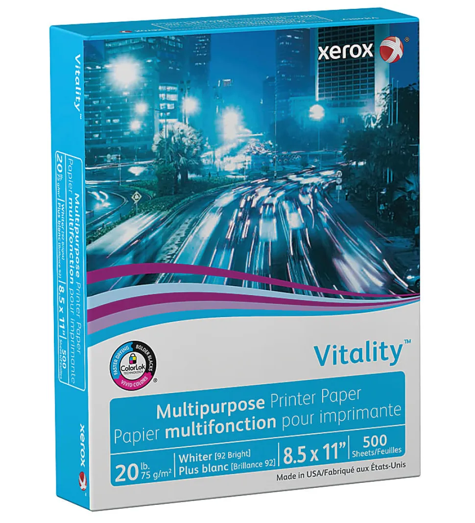 Xerox® Vitality™ Uncoated Multi-Use Printer & Copy Paper, 1 Ream, White, Letter (8.5"x11"), 500 Sheets Per Ream, 20 Lb, 92 Brightness, FSC® Certified