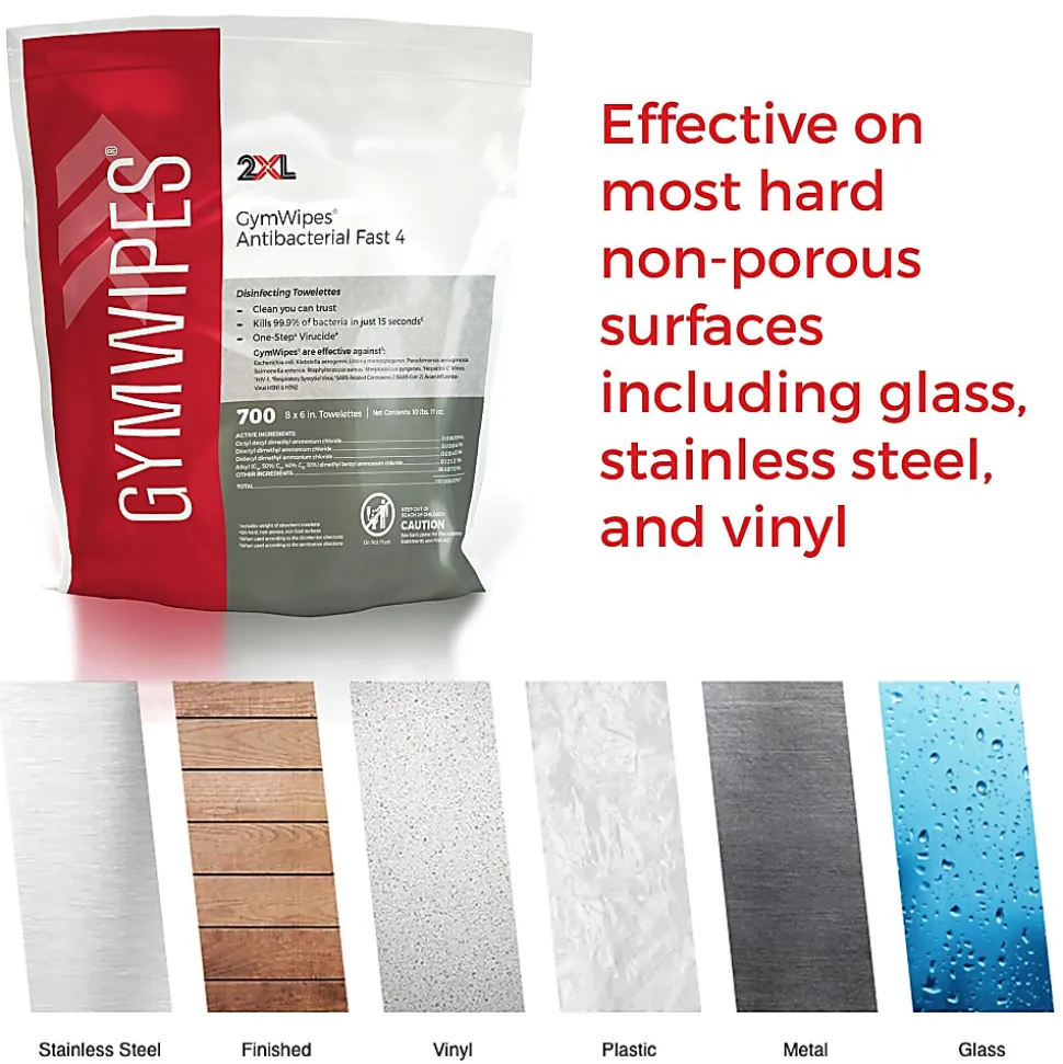 2XL GymWipes Antibacterial Towelettes Bucket Refill, 8” x 6”, Citrus Scent, 700 Sheets Per Container, Set Of 4 Containers