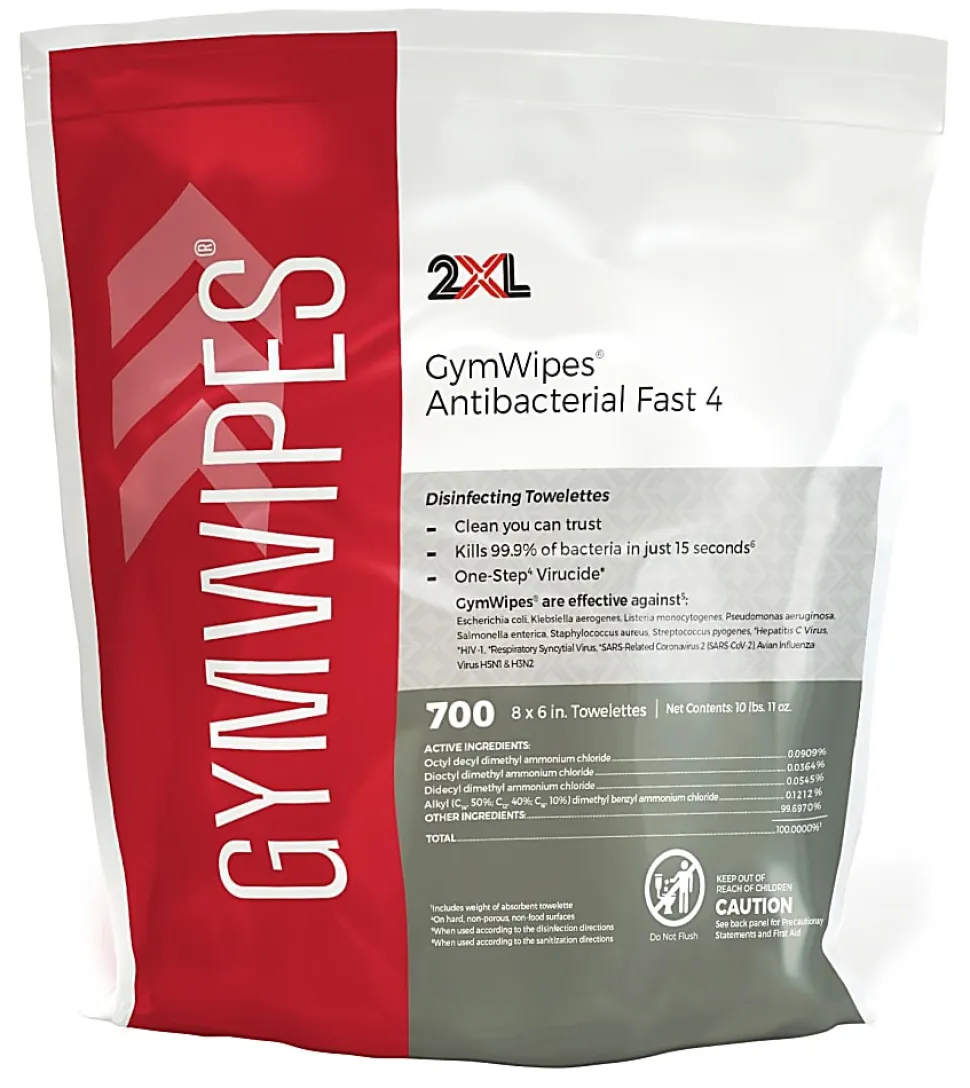 2XL GymWipes Antibacterial Towelettes Bucket Refill, 8” x 6”, Citrus Scent, 700 Sheets Per Container, Set Of 4 Containers