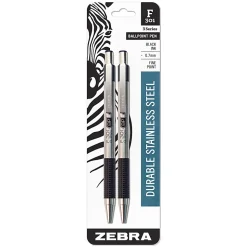 Zebra® Pen BCA F-301 Ballpoint Pens, Pack Of 2, Fine Point, 0.7 mm, Silver Barrel, Black Ink