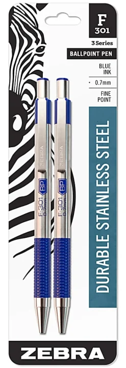Zebra® Pen BCA F-301 Ballpoint Pens, Fine Point, Stainless Steel Barrel, Blue Ink, Pack Of 2
