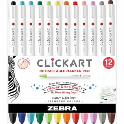 Zebra® Pen ClickArt® Retractable Marker Pens, Fine Point, 0.6 mm, Assorted Ink Colors, Pack Of 12 Pens