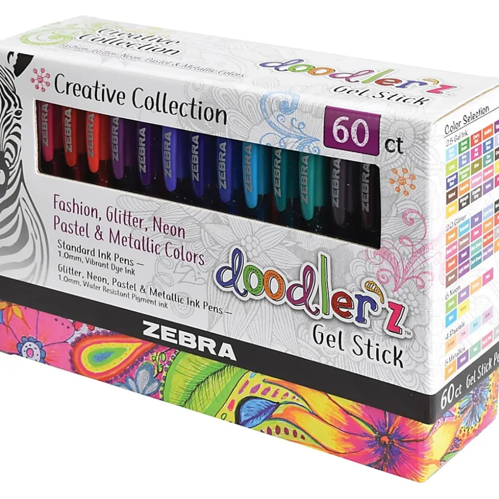 Zebra® Pen doodler'z™ Gel Stick Pens, Pack Of 60, Bold Point, 1.0 mm, Translucent Barrel, Assorted Ink