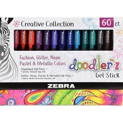 Zebra® Pen doodler'z™ Gel Stick Pens, Pack Of 60, Bold Point, 1.0 mm, Translucent Barrel, Assorted Ink