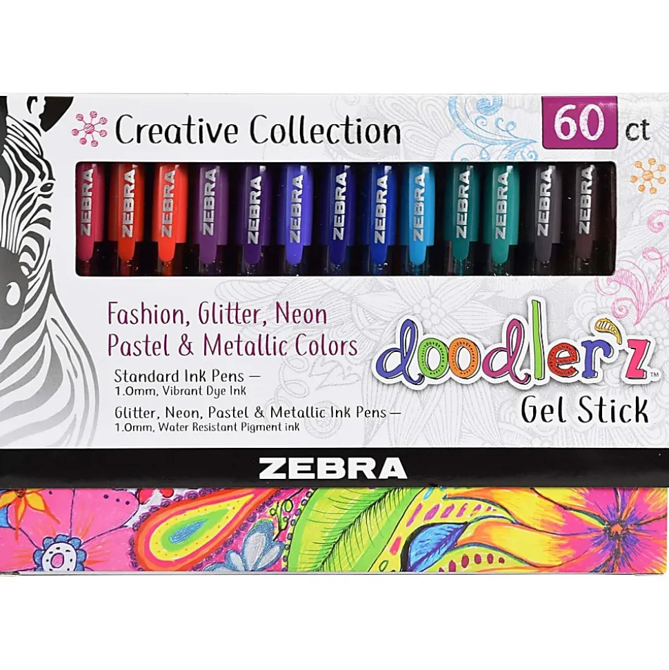 Zebra® Pen doodler'z™ Gel Stick Pens, Pack Of 60, Bold Point, 1.0 mm, Translucent Barrel, Assorted Ink