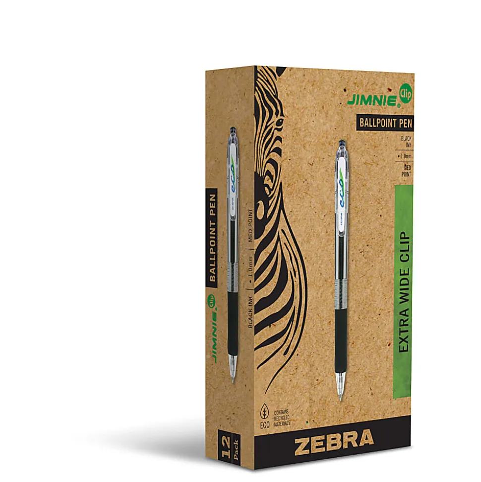 Zebra® Pen Eco Jimnie® Clip Retractable Ballpoint Pens, Pack Of 12, Medium Point, 1.0 mm, Black Barrel, Black Ink