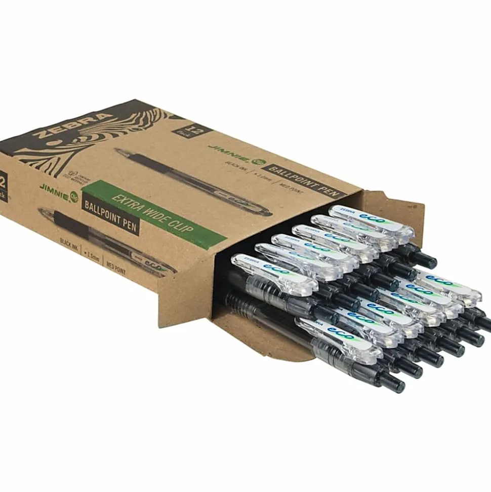 Zebra® Pen Eco Jimnie® Clip Retractable Ballpoint Pens, Pack Of 12, Medium Point, 1.0 mm, Black Barrel, Black Ink