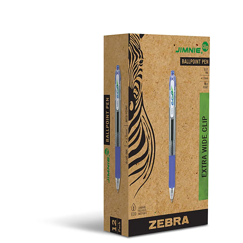 Zebra® Pen Eco Jimnie® Clip Retractable Ballpoint Pens, Pack Of 12, Medium Point, 1.0 mm, Blue Barrel, Blue Ink