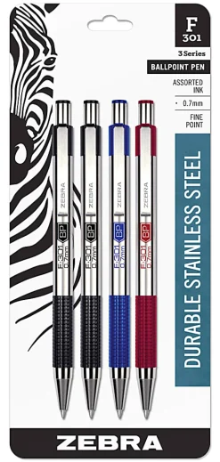 Zebra® Pen F-301 Stainless Steel Retractable Ballpoint Pens, Pack Of 4, Fine Point, 0.7 mm, Silver Barrel, Assorted Ink Colors
