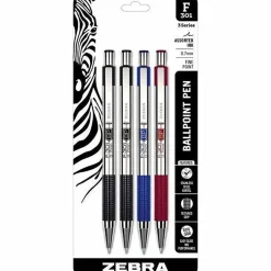 Zebra® Pen F-301 Stainless Steel Retractable Ballpoint Pens, Pack Of 4, Fine Point, 0.7 mm, Silver Barrel, Assorted Ink Colors