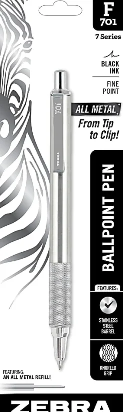 Zebra® Pen F-701 Stainless Steel Retractable Ballpoint Pen, Fine Point, 0.7 mm, Silver Barrel, Black Ink