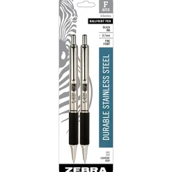 Zebra® Pen F-402 Stainless Steel Retractable Ballpoint Pens, Pack Of 2, Fine Point, 0.7 mm, Silver Barrel, Black Ink