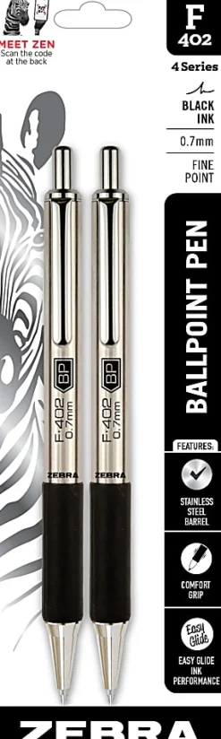 Zebra® Pen F-402 Stainless Steel Retractable Ballpoint Pens, Pack Of 2, Fine Point, 0.7 mm, Silver Barrel, Black Ink