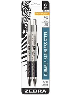 Zebra® Pen G-301® Retractable Gel Pens, Pack Of 2, Medium Point, 0.7 mm, Silver Barrel, Black Ink