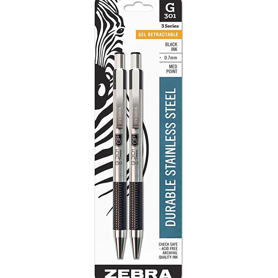 Zebra® Pen G-301® Retractable Gel Pens, Pack Of 2, Medium Point, 0.7 mm, Silver Barrel, Black Ink