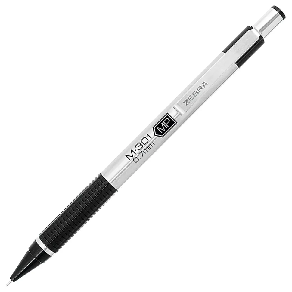 Zebra® Pen M-301 Stainless Steel Mechanical Pencils, Pack Of 2, Medium Point, 0.7 mm, Silver/Black Barrel