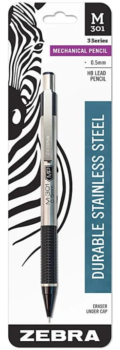 Zebra® Pen M-301 Stainless Steel Mechanical Pencil, Fine Point, 0.5 mm, Silver/Black Barrel