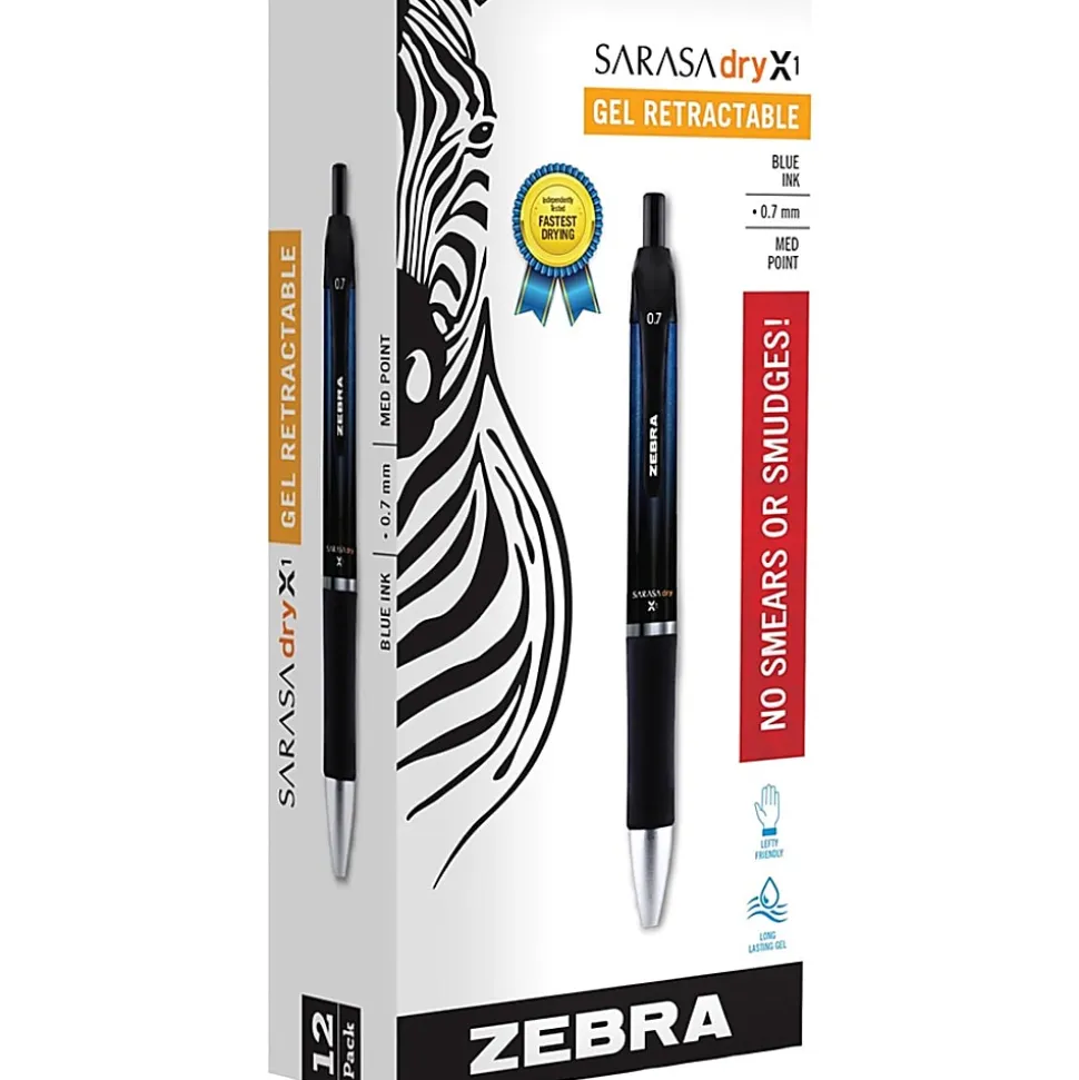 Zebra® Pen SARASA® Dry X1 Retractable Gel Pens, Pack Of 12, Medium Point, 0.7 mm, Blue Barrel, Blue Ink