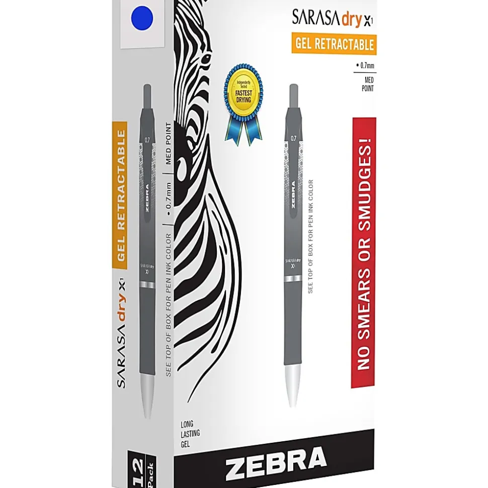 Zebra® Pen SARASA® Dry X1 Retractable Gel Pens, Pack Of 12, Medium Point, 0.7 mm, Blue Barrel, Blue Ink