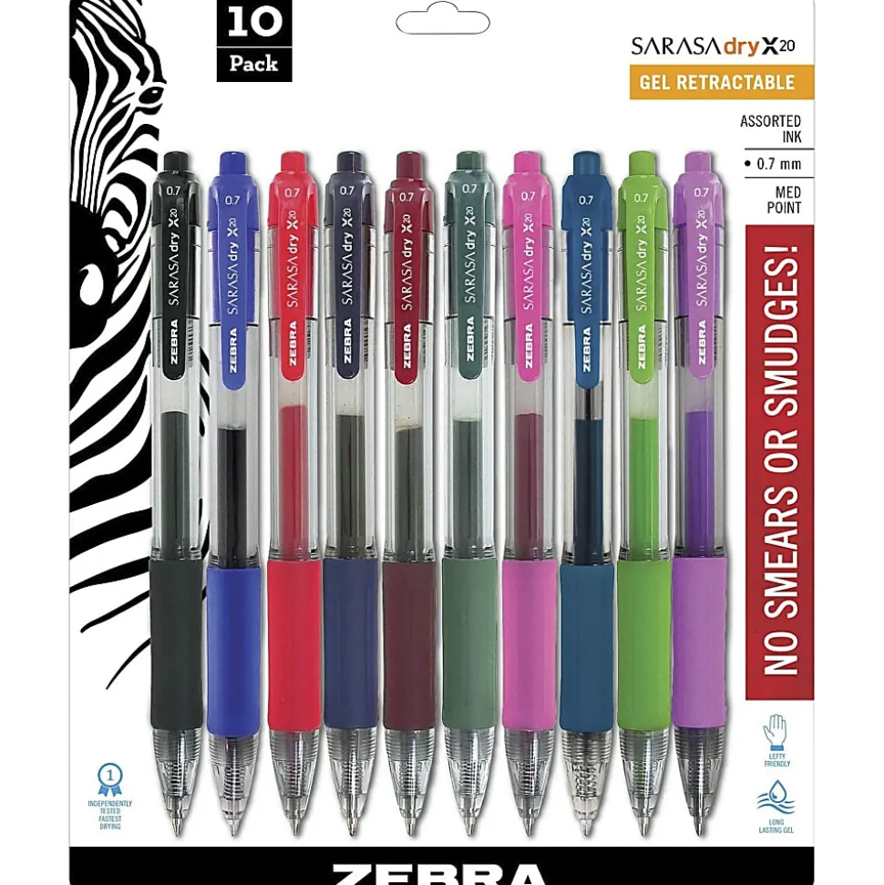 Zebra® Pen SARASA® Retractable Gel Pens, Pack Of 10, Medium Point, 0.7 mm, Clear Barrel, Assorted Ink Colors