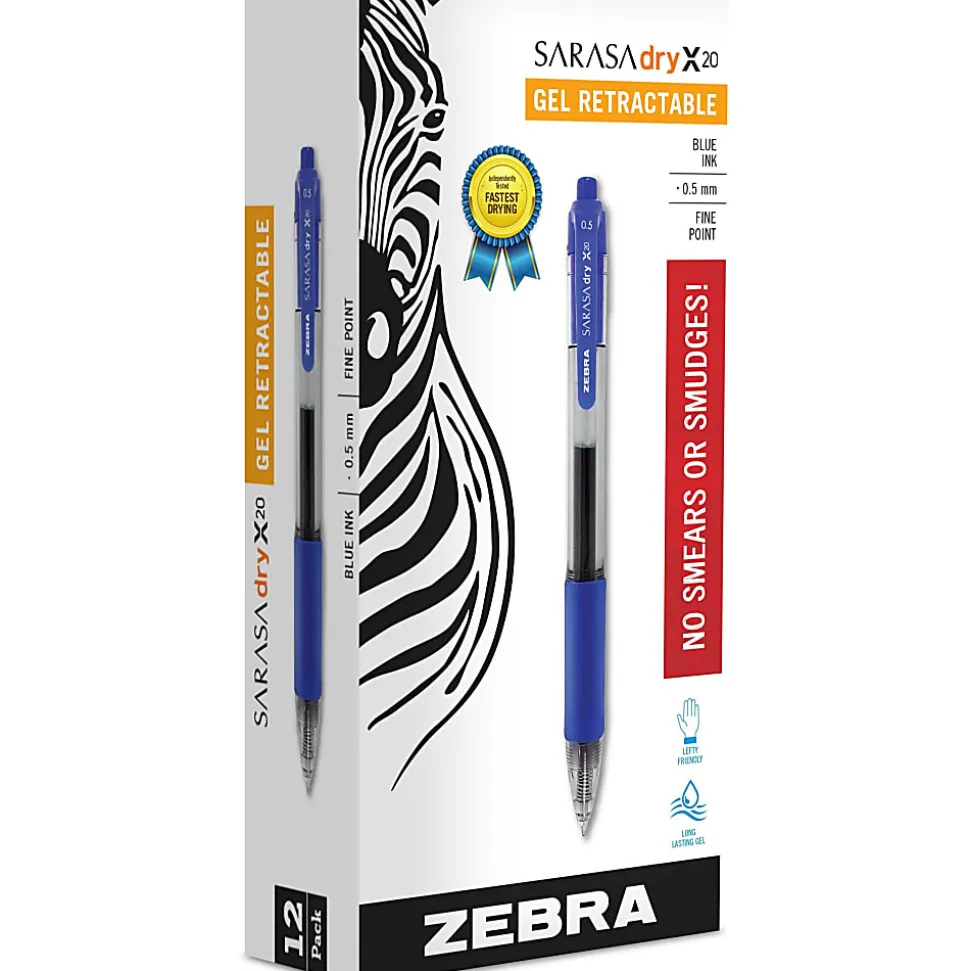 Zebra® Pen SARASA® X20 Retractable Gel Pens, Pack Of 12, Fine Point, 0.5 mm, Translucent Barrel, Blue Ink