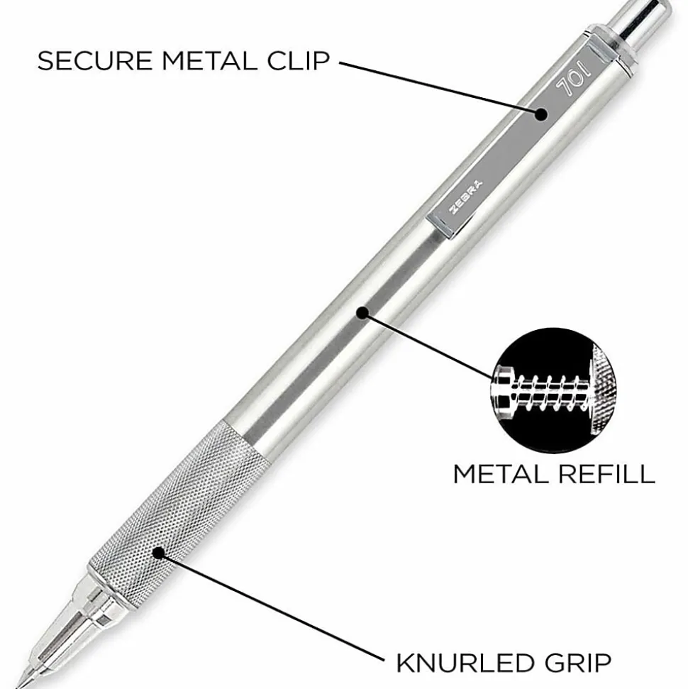 Zebra Pen STEEL 7 Series F-701 Retractable Ballpoint Pen - 0.7 mm Pen Point Size - Refillable - Retractable - Black - Stainless Steel Barrel - 6 / Box