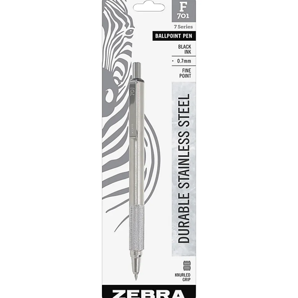 Zebra Pen STEEL 7 Series F-701 Retractable Ballpoint Pen - 0.7 mm Pen Point Size - Refillable - Retractable - Black - Stainless Steel Barrel - 6 / Box