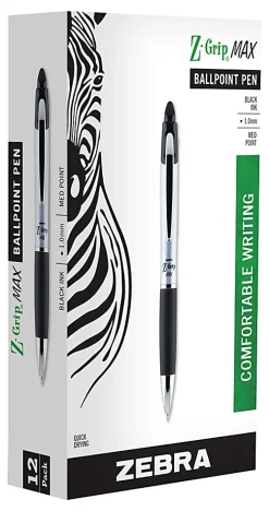 Zebra® Pen Z-Grip® Max Retractable Ballpoint Pens, Pack Of 12, Medium Point, 1.0 mm, Silver Barrel, Black Ink