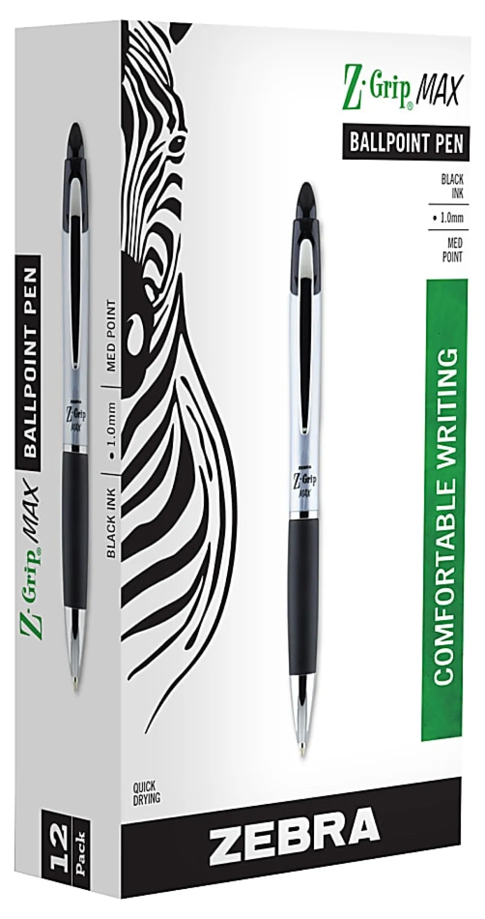 Zebra® Pen Z-Grip® Max Retractable Ballpoint Pens, Pack Of 12, Medium Point, 1.0 mm, Silver Barrel, Black Ink