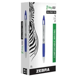 Zebra® Pen Z-Grip® Max Retractable Ballpoint Pens, Pack Of 12, Medium Point, 1.0 mm, Gray/Blue Barrel, Blue Ink