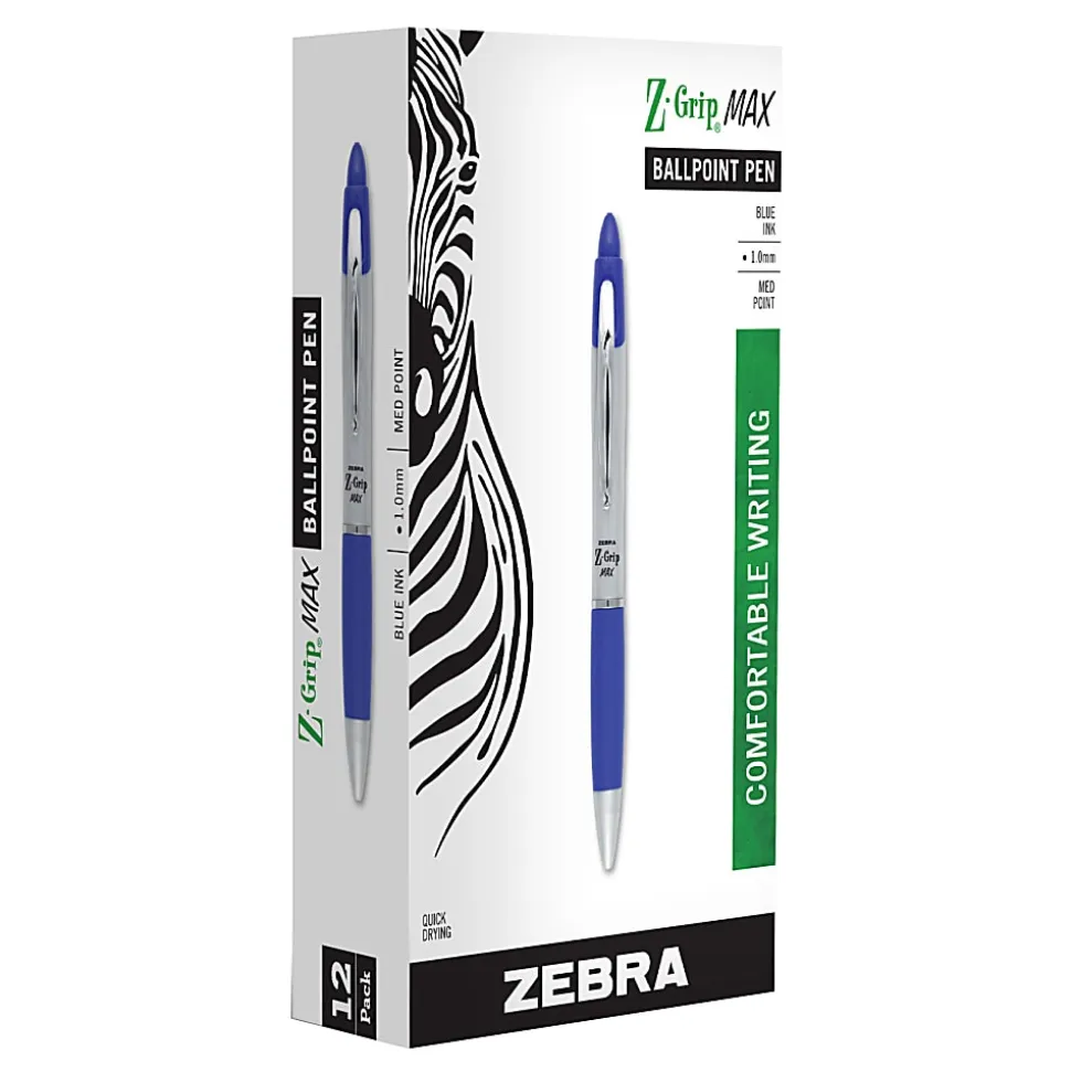 Zebra® Pen Z-Grip® Max Retractable Ballpoint Pens, Pack Of 12, Medium Point, 1.0 mm, Gray/Blue Barrel, Blue Ink