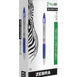 Zebra® Pen Z-Grip® Max Retractable Ballpoint Pens, Pack Of 12, Medium Point, 1.0 mm, Gray/Blue Barrel, Blue Ink