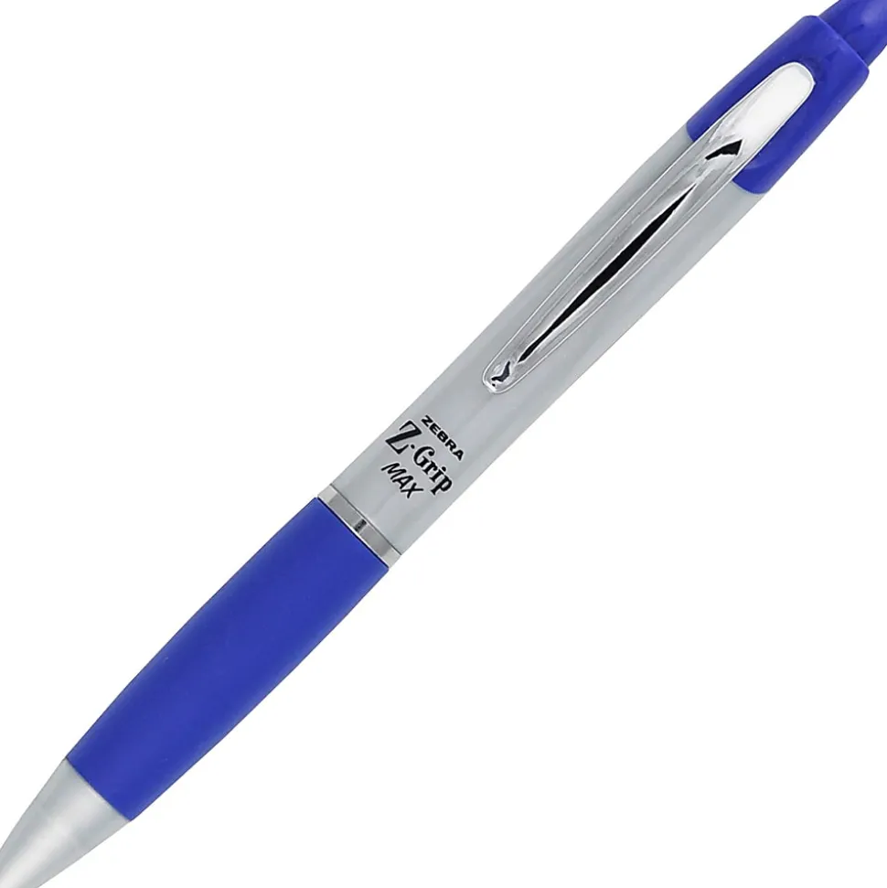 Zebra® Pen Z-Grip® Max Retractable Ballpoint Pens, Pack Of 12, Medium Point, 1.0 mm, Gray/Blue Barrel, Blue Ink