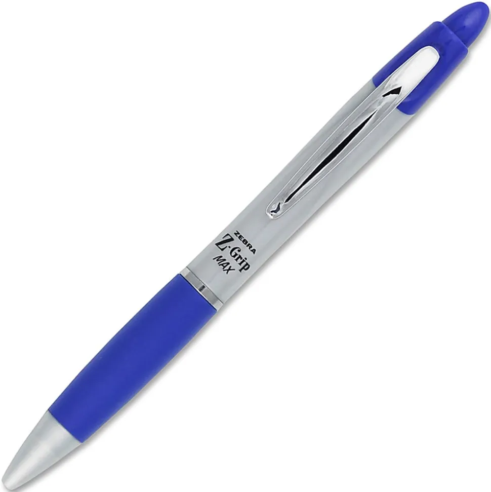 Zebra® Pen Z-Grip® Max Retractable Ballpoint Pens, Pack Of 12, Medium Point, 1.0 mm, Gray/Blue Barrel, Blue Ink