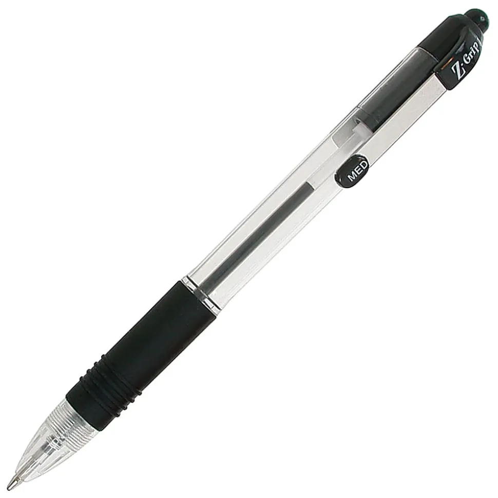 Zebra® Pen Z-Grip® Retractable Ballpoint Pens, Pack Of 12, Medium Point, 1.0 mm, Clear Barrel, Black Ink