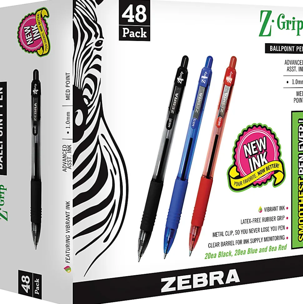 Zebra Pen Z-Grip Retractable Ballpoint Pens - Medium Pen Point - 1 mm Pen Point Size - Retractable - Assorted - Clear Plastic Barrel - 48 / Pack